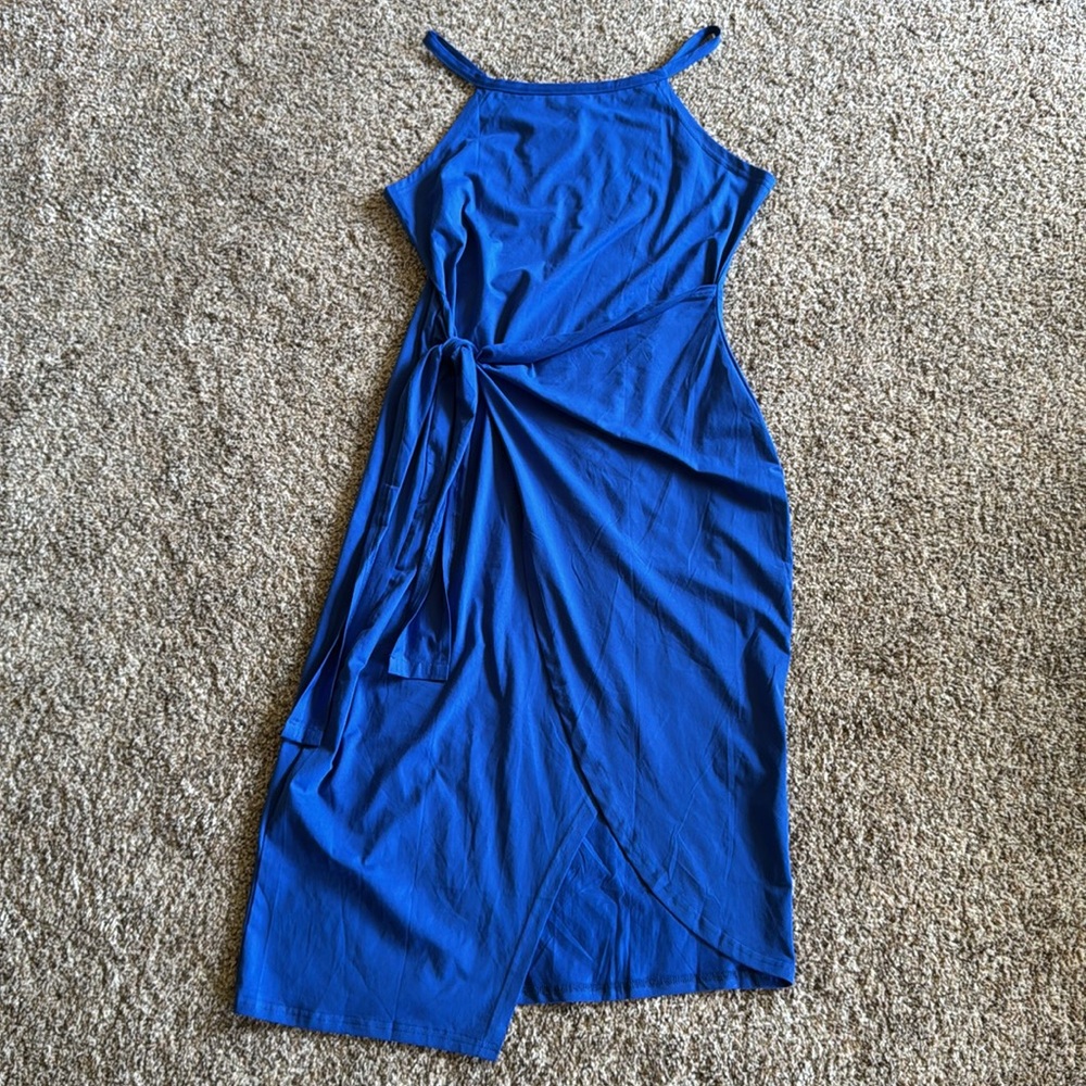 Satiny feel  cotton  Tie-Waist Midi Dress in Royal Blue - Picture 3 of 6
